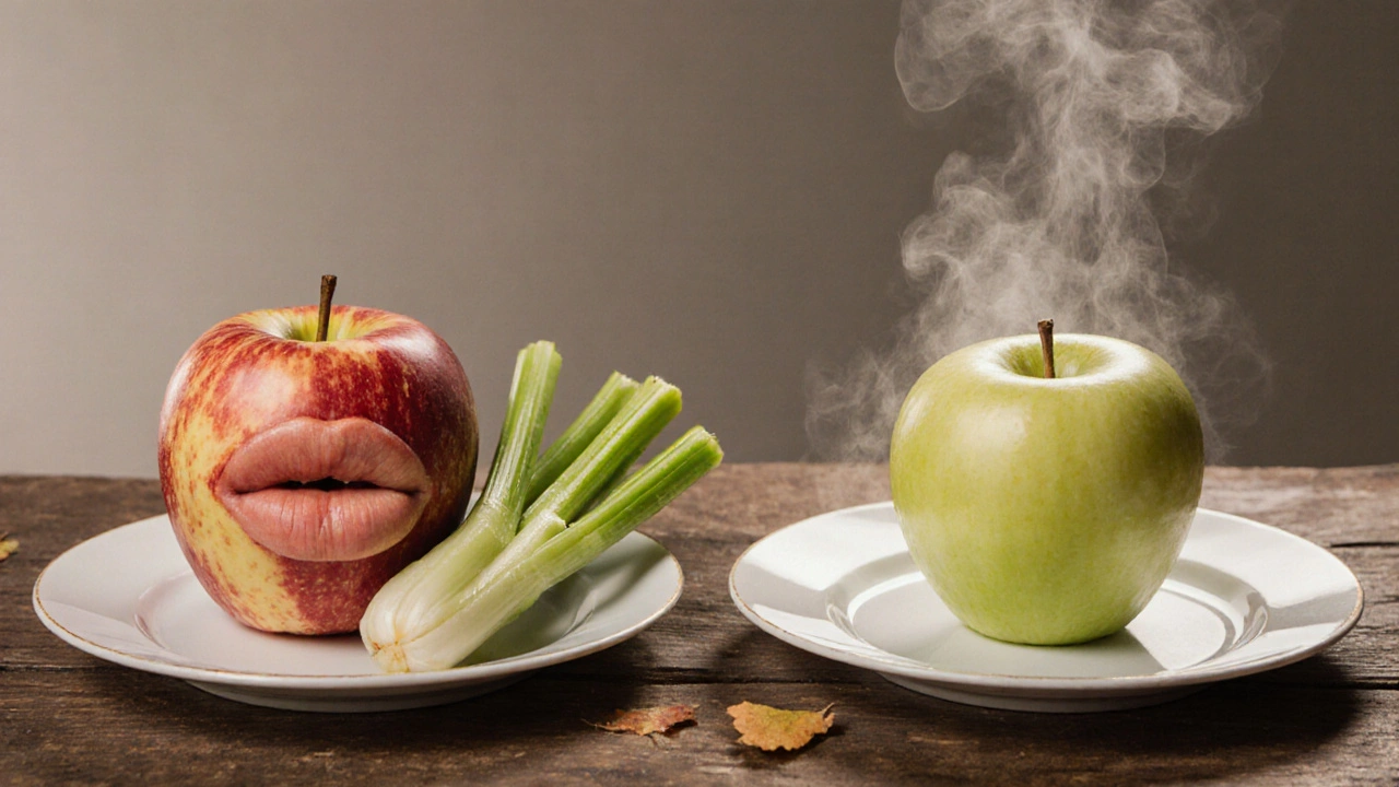 Dvě talíře: syrové ovoce s reakcí a vařené ovoce bez reakce.