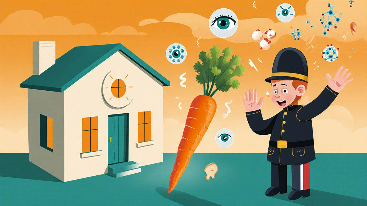 Ilustrace imunitního systému, který mylně rozpoznává bílkovinu v mrkvi jako pyl.