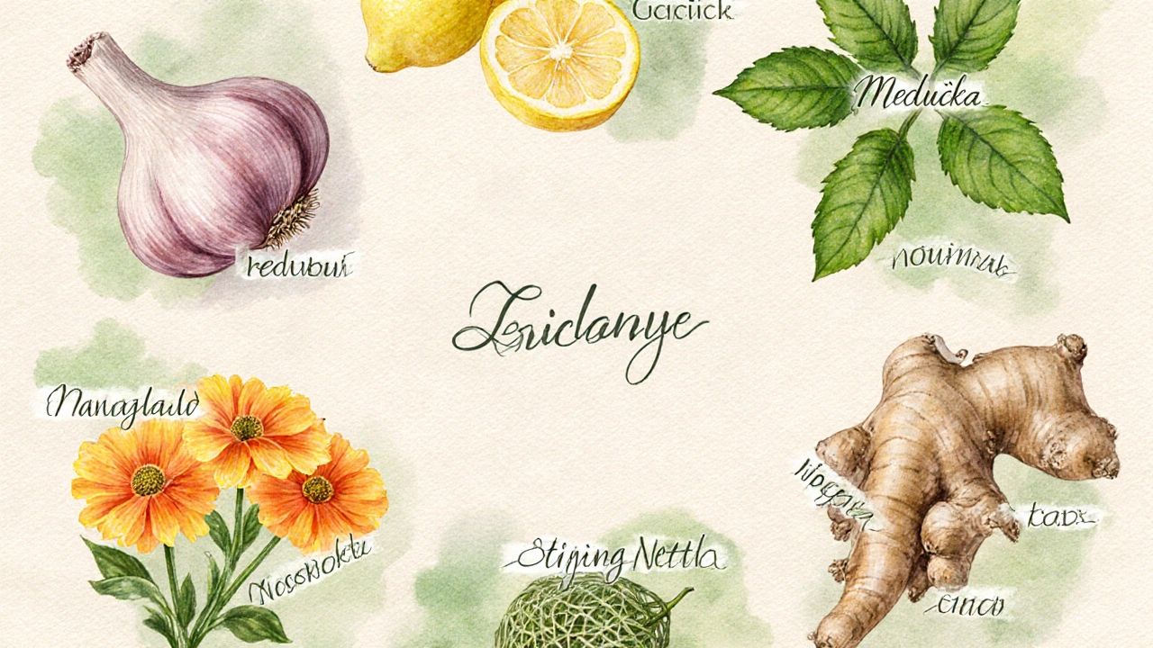 Botanické ilustrace česneku, meduňky, měsíčkovky, zázvoru a kopřivy jako přírodní léky.