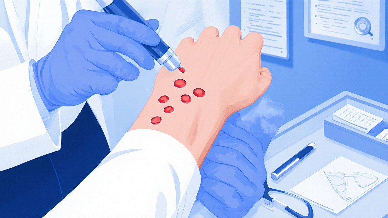 Dermatolog provádí kožní prick test s červenými skvrnami na paži.