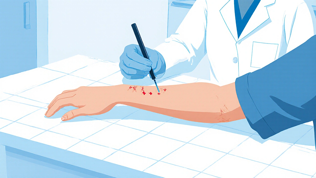 Doktor provádí kožní test na paži pacienta v klinice.