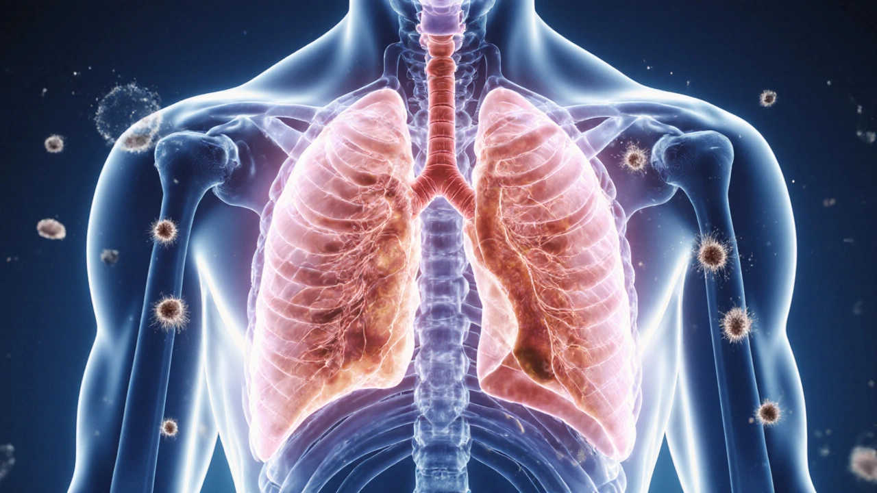 Glowující lidský hrudník s porovnáním zdravých a zánětlivých dýchacích cest, obklopený alergeny.