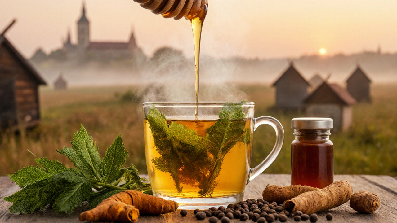 Horký čaj z netěře s kurkumou a medem, doprovázený sušenými listy a kořenem kurkumy, symbolizující přírodní protialergické prostředky.