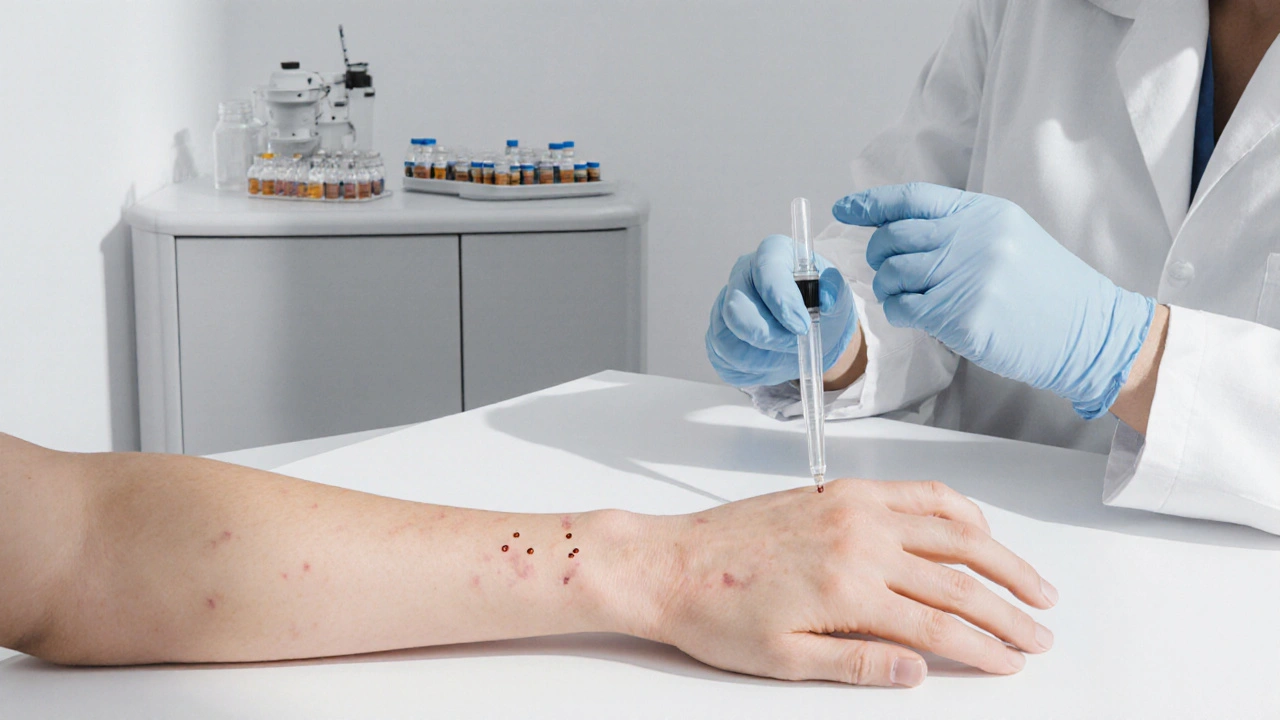 Lékař provádí kožní prick test na předloktí pacienta v klinické místnosti.