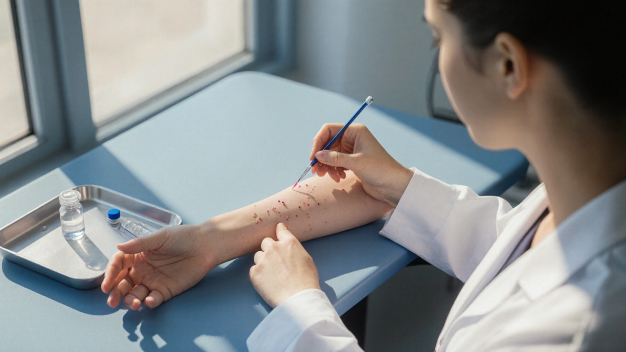 Lékař provádí kožní prick test na předloktí pacienta.