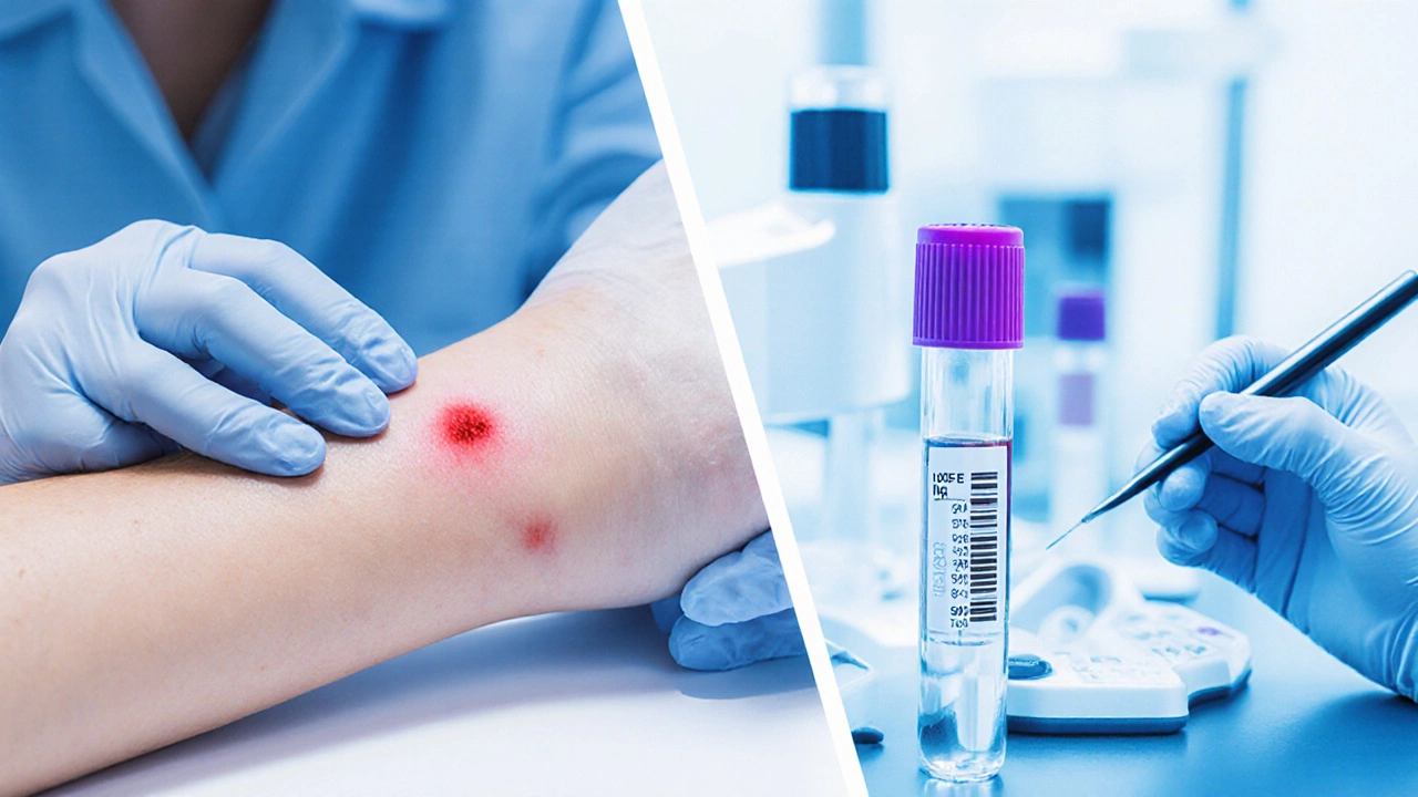 Lékař provádí kožní prick test na předloktí, vedle laboratorní pracoviště s odběrem krve.