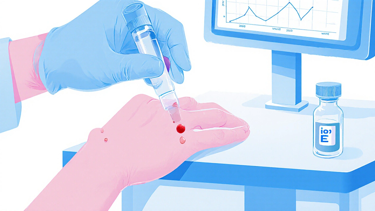 Lékař provádí kožní test a v pozadí laboratorní krevní test IgE.
