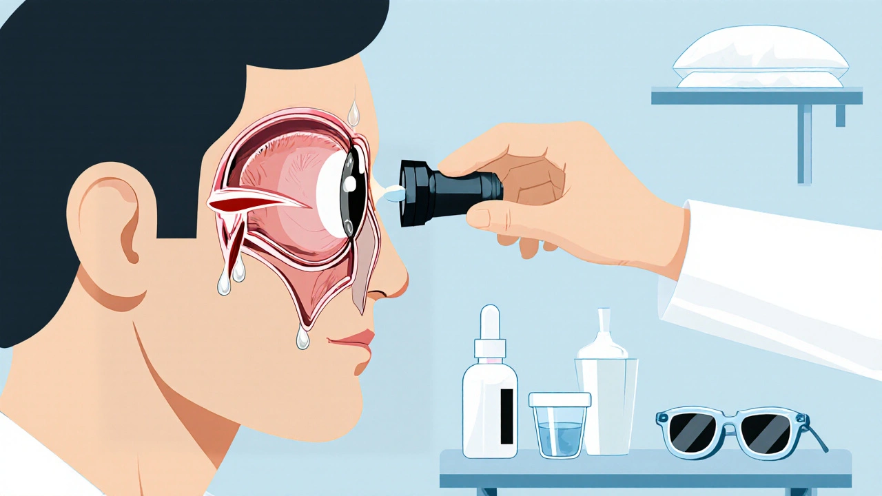 Lékařská ilustrace hlavy s podrobným okem, doktorem a přípravky, doplněná o prevenci.