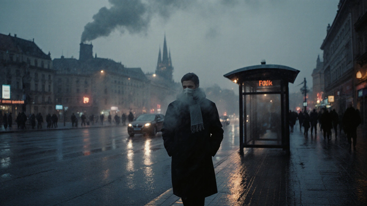 Město v zimním úsvitu s kouřem z komínů a astmatická osoba kráčející s šátkem na obličeji.