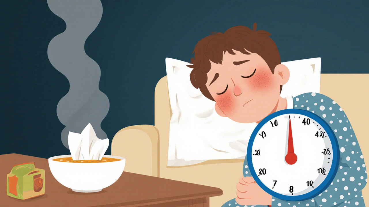 Nemocná osoba odpočívá s teploměrem a kapesníkem na kanapě.