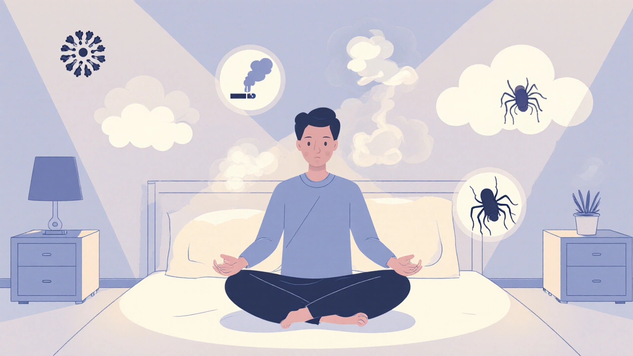 Osoba medituje, kolem ní se rozptylují symboly astmatických podrážděčů jako prach, kouř a bouřka.