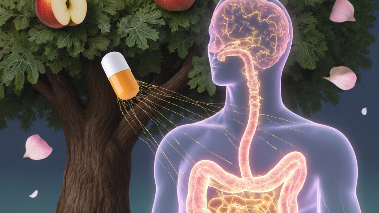 Průhledný lidský obraz s živým střevním mikrobiomem a přírodními bylinami, které podporují imunitu, bez léků.