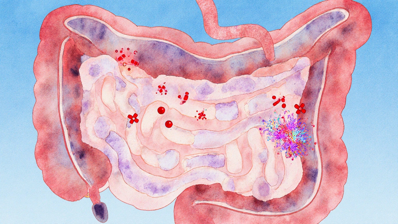 Průřez tenkého střeva s poškozenými vlasovitými výběžky a imunitními buňkami útočícími na lepek.