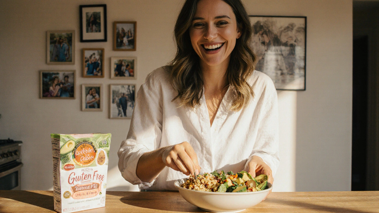 Žena připravuje bezlepkové jídlo s zeleninou a quinou v slunečné kuchyni.
