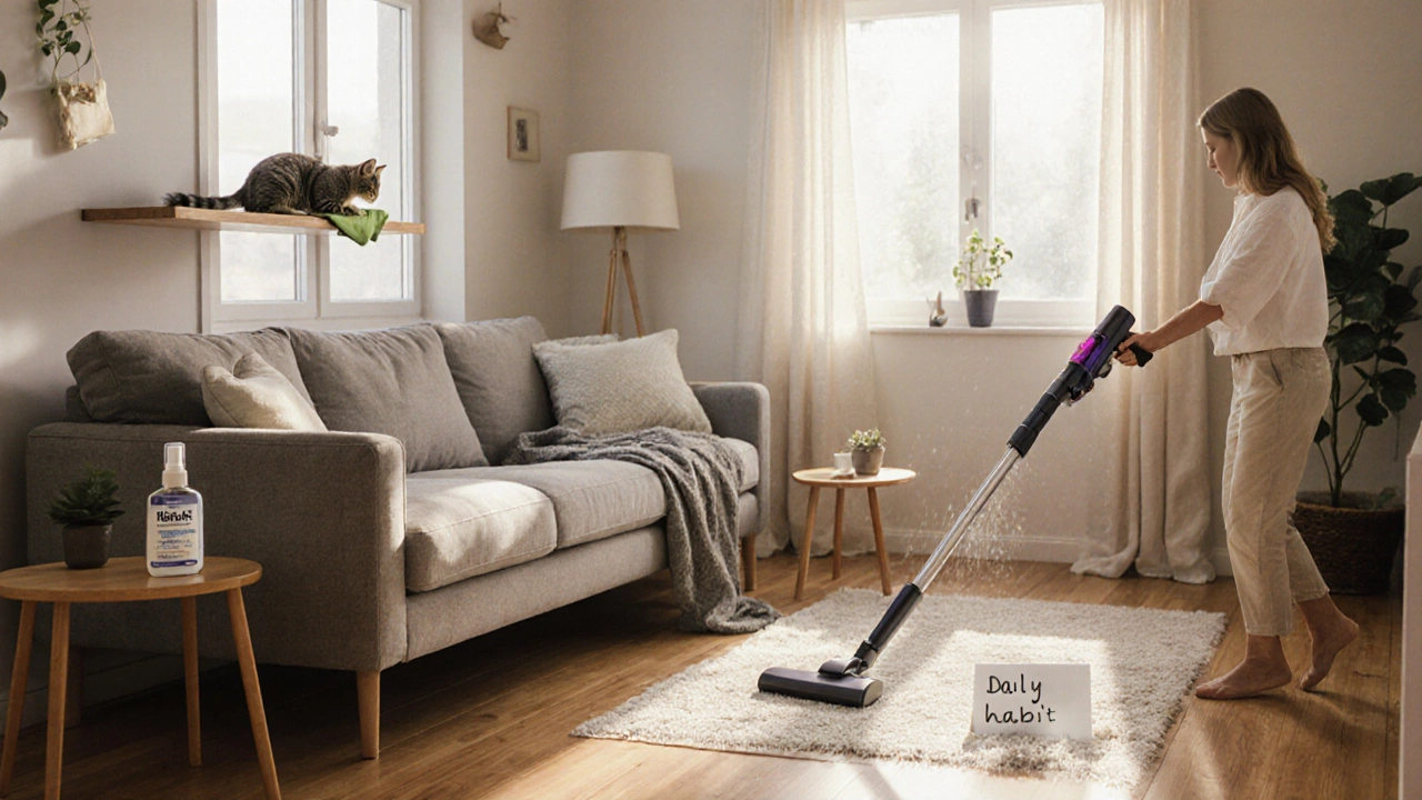 Byt s laminátem, bez koberců a kočkou mimo ložnici – čisté prostředí pro alergiky.