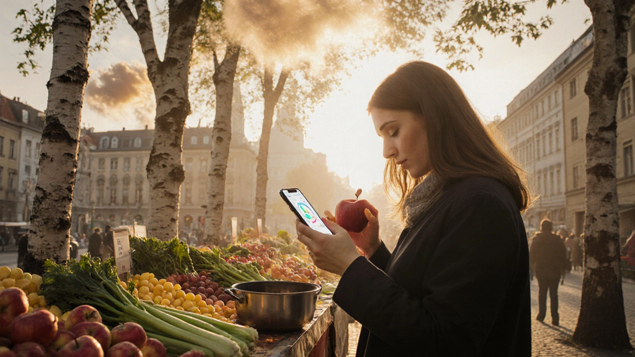 Český trh v květnu s břízami a pylovým oblakem, žena peče jablko a sleduje aplikaci s indexem pylu.