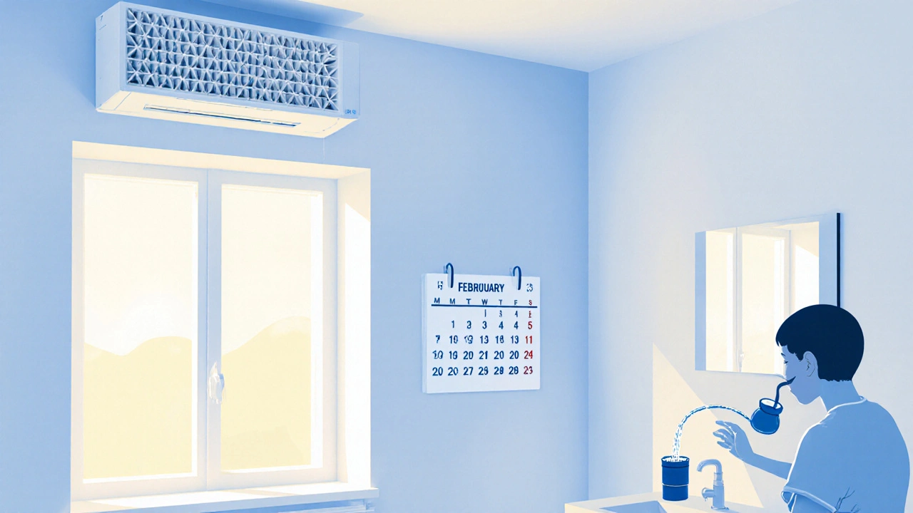 Čistý byt s filtrační jednotkou a osobou, která si právě umývá nos fyziologickým roztokem.