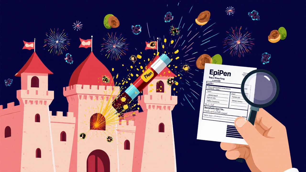 Člověk drží epinefrinové pero a čte etiketu potraviny, symbolizující přípravu na alergickou reakci.