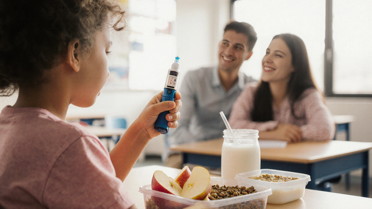 Dítě drží epinefrinové pero vedle bezpečného oběda, rodič a učitelka pozorují.