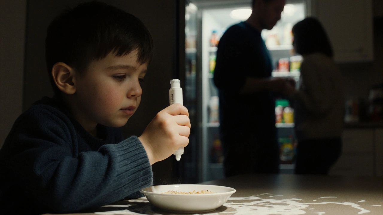 Dítě používá EpiPen v kuchyni, rodiče reagují na alergickou reakci.