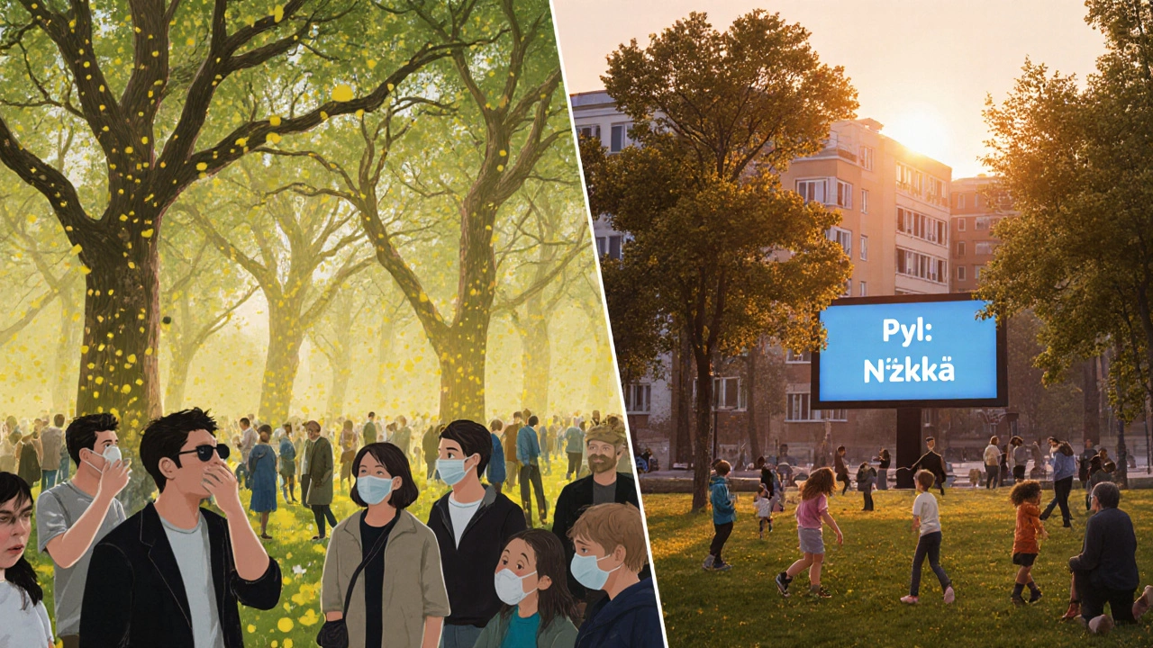 Dvě scény jednoho parku: vlevo lidé trpí alergií pod topoly, vpravo klidný park s lípami a lidmi bez ochrany.
