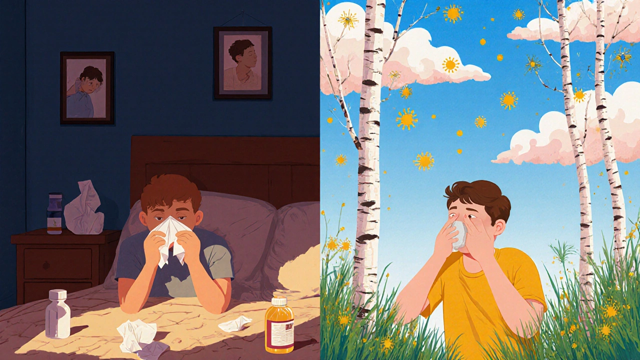 Dvě scény: nachlazení v domě vs. alergie v zahradě s pylu.