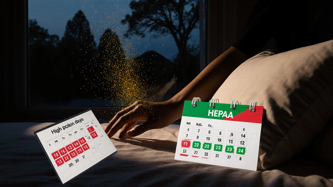 Hand putting on allergen-proof pillowcase while pollen is filtered outside the window.