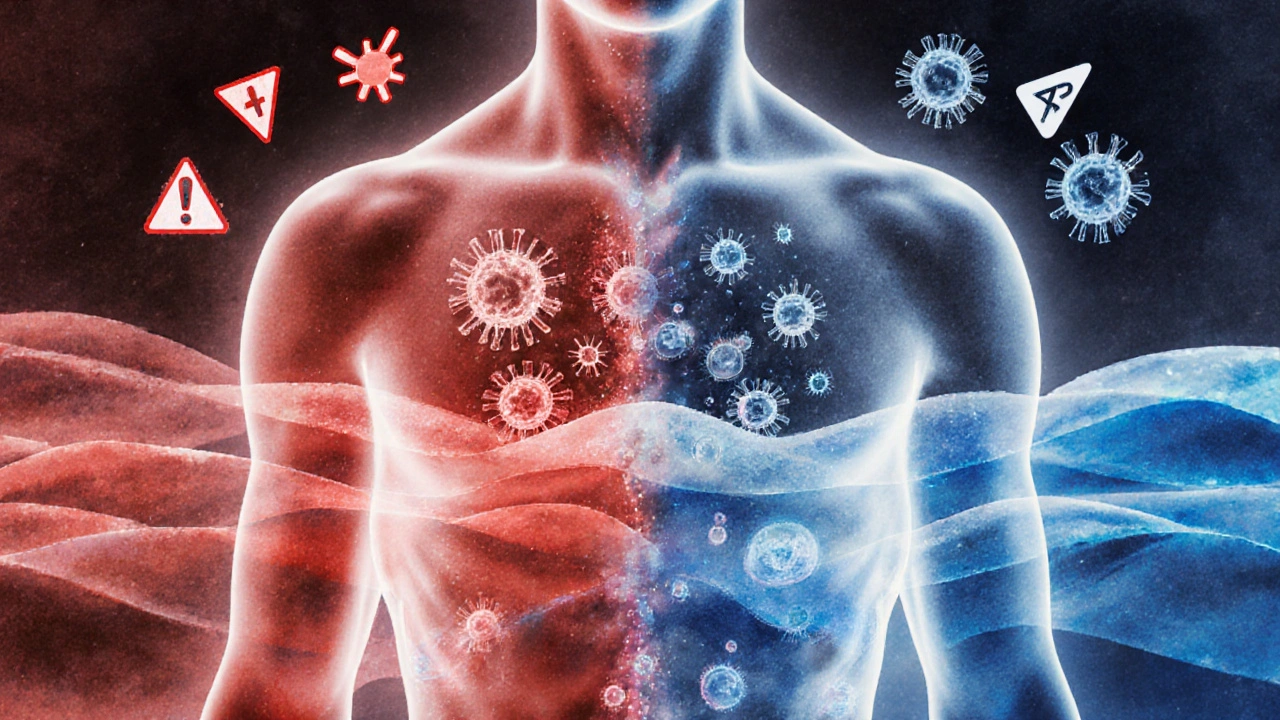 Illustration of immune cells changing from reactive to tolerant response to pollen.
