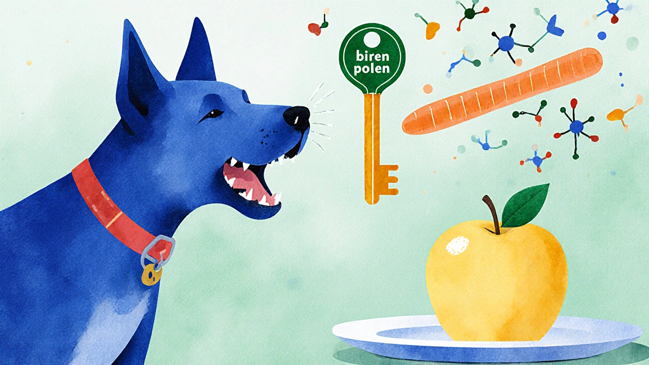 Imunitní systém jako pes, který reaguje na dva podobné klíče – pyl a mrkev – s abstraktními molekulami mezi nimi.