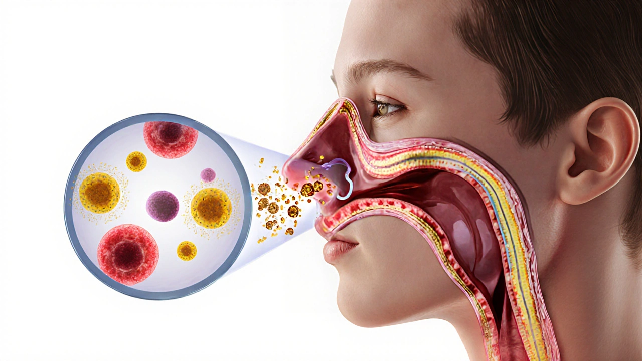 Koncepční obrázek imunitní reakce na pyl v nosních cestách s vizualizací buněk a molekul.