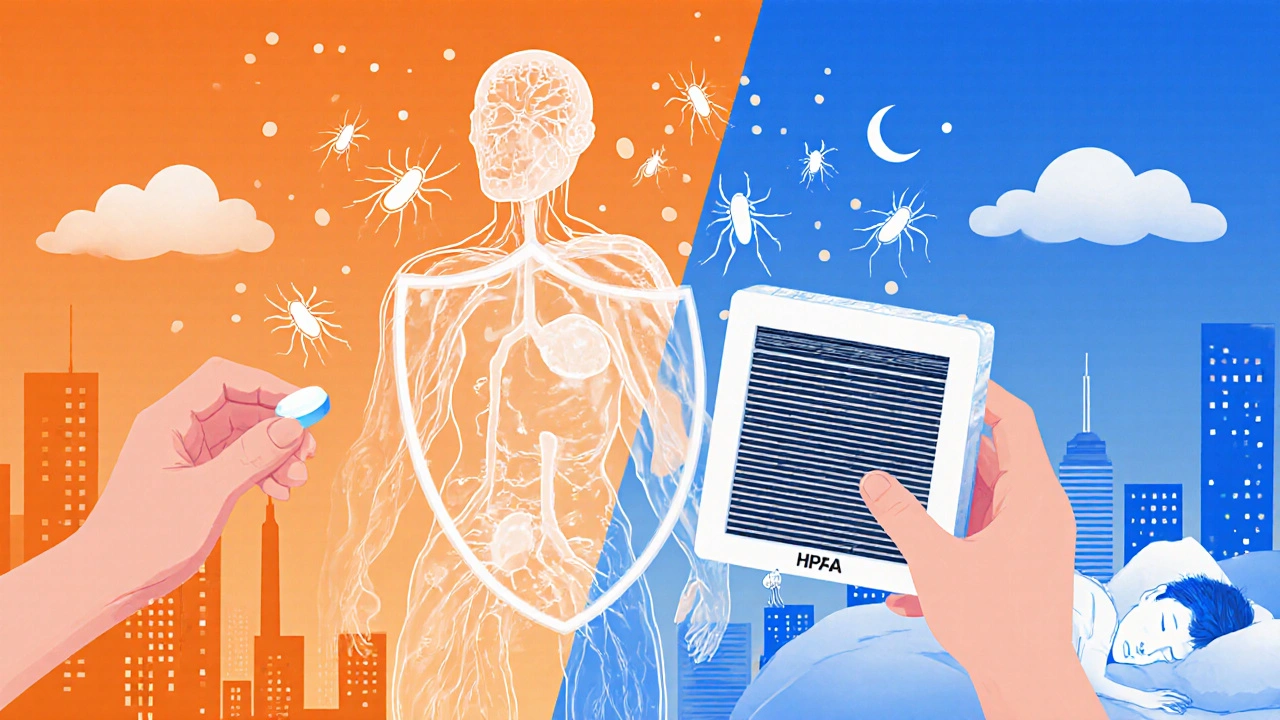 Koncepční obrázek imunitního systému bojujícího s pylu a prachem, s filtračním zařízením a lékem.