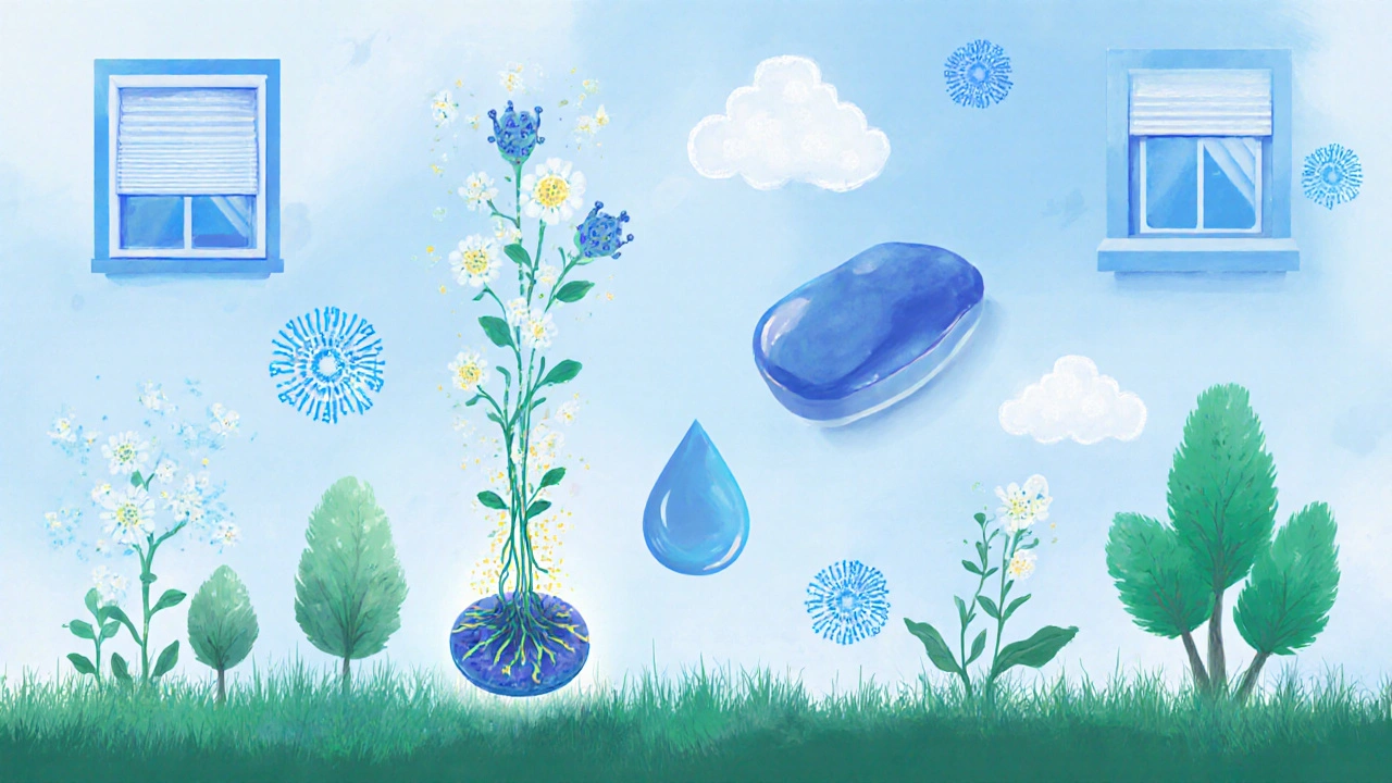 Koncepční obrázek imunitního systému jako klidné zahrady, kde pyl přestává být hrozbou díky léčbě.