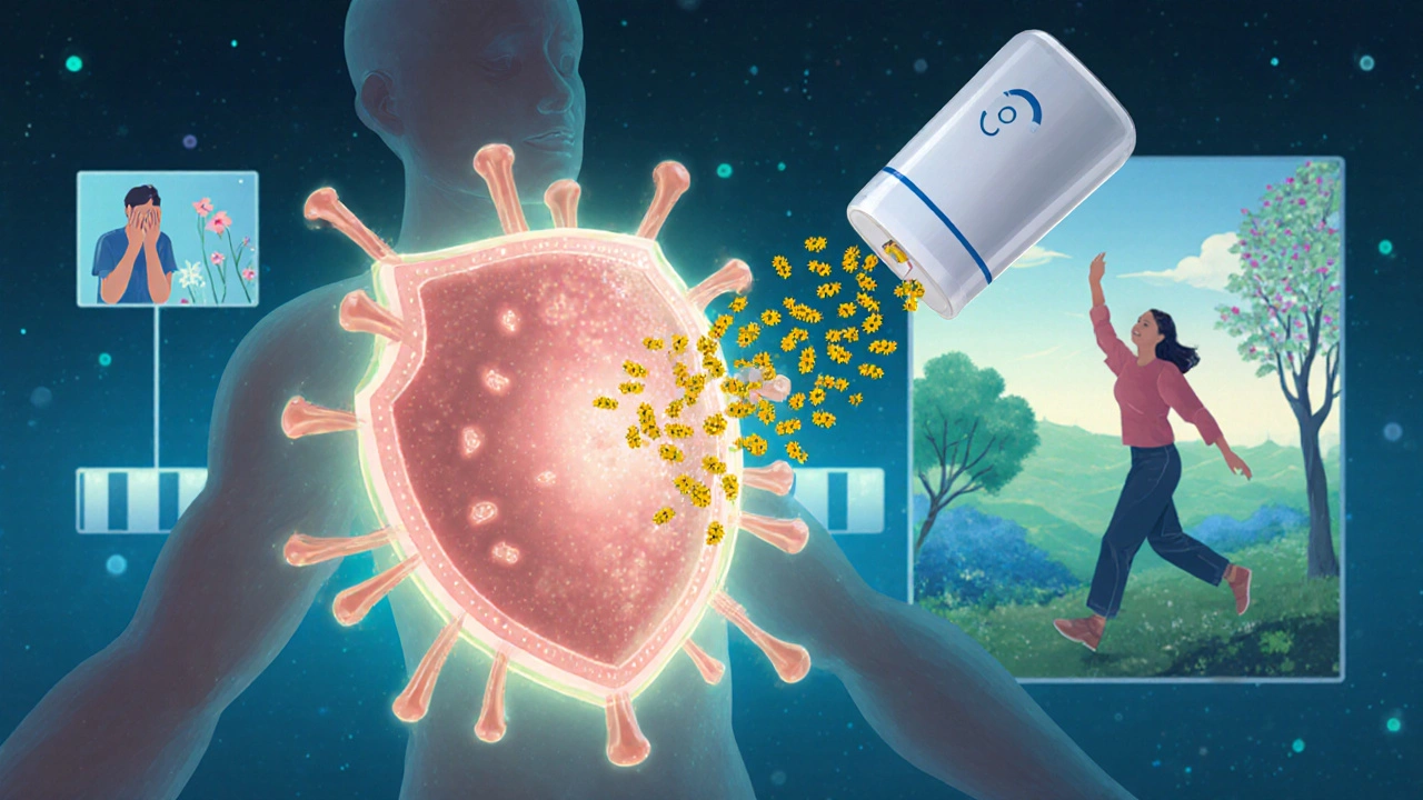 Koncepční obrázek imunoterapie: imunitní systém se učí ignorovat pyl, což vede k trvalému zlepšení.