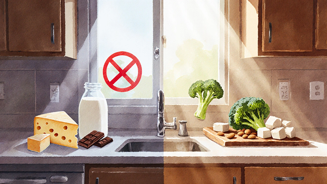 Kuchyňský stolek s zakázanými a bezpečnými potravinami rozdělenými na dvě strany.