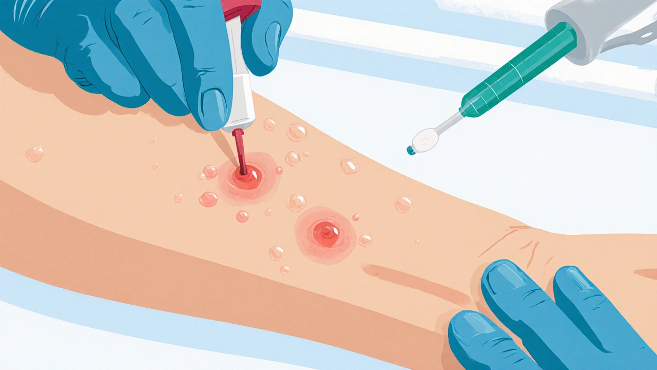 Lékař provádí kůžní test na paži pacienta, malé červené pupíky začínají vznikat.