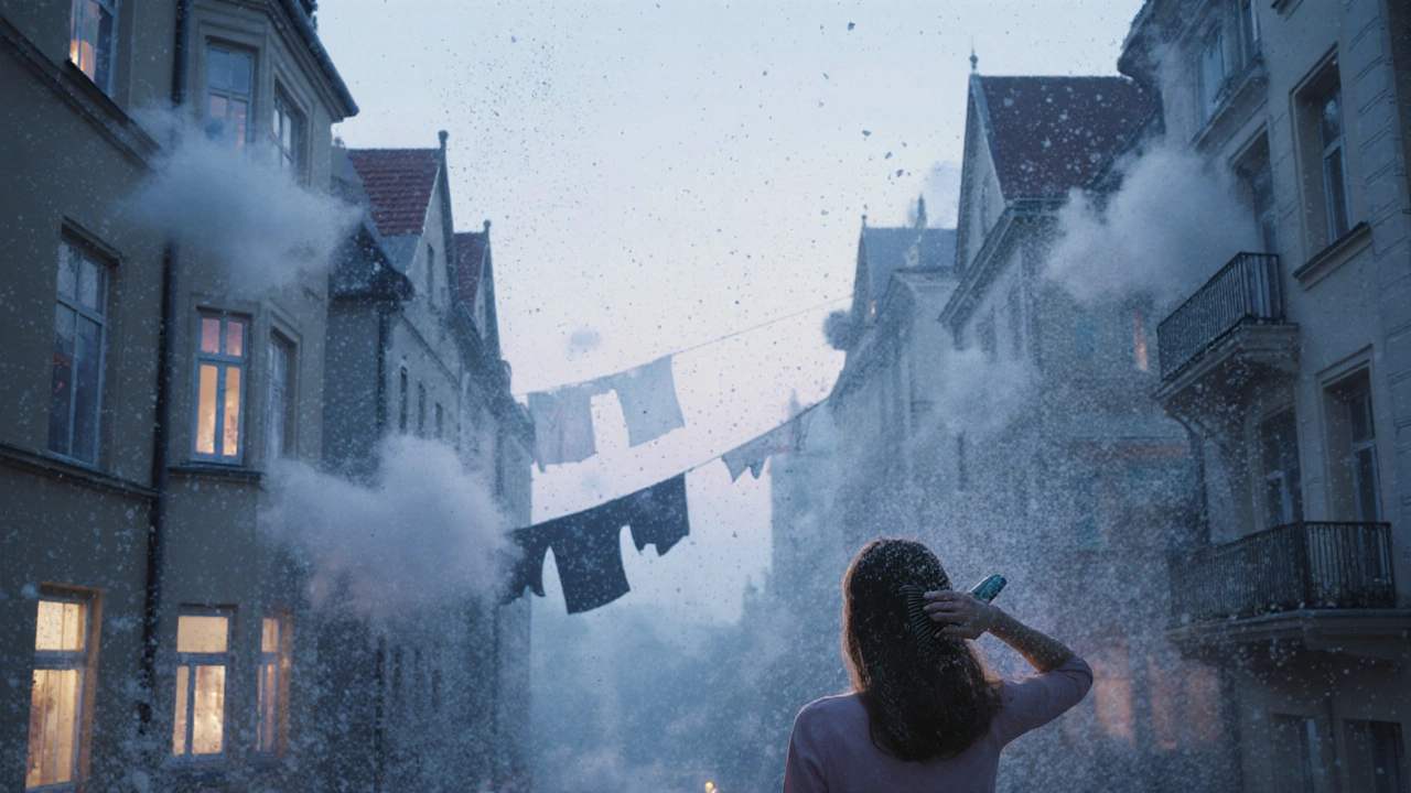 Městský výhled v Brně s vysokým obsahem pylu, lidé zavírají okna a vyhýbají se expozici.