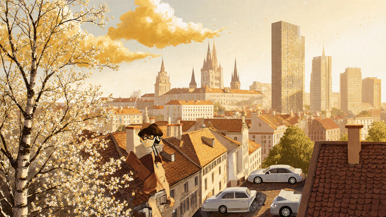 Městský výhled v jarním období s pylu unášeným větrem mezi kvetoucími stromy a zavřenými okny.