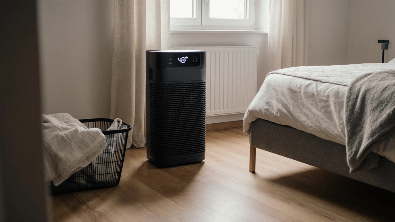 Moderní ložnice s dřevěnou podlahou, čističkou vzduchu a alergickými potahy na posteli, čisté a bezpečné prostředí.