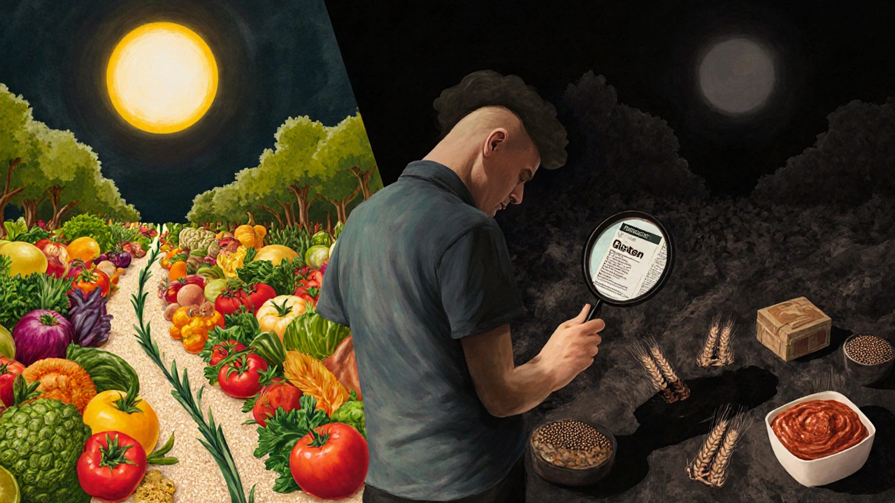 Osoba na rozcestníku mezi zdravou stravou a skrytým lepkem v potravinách.