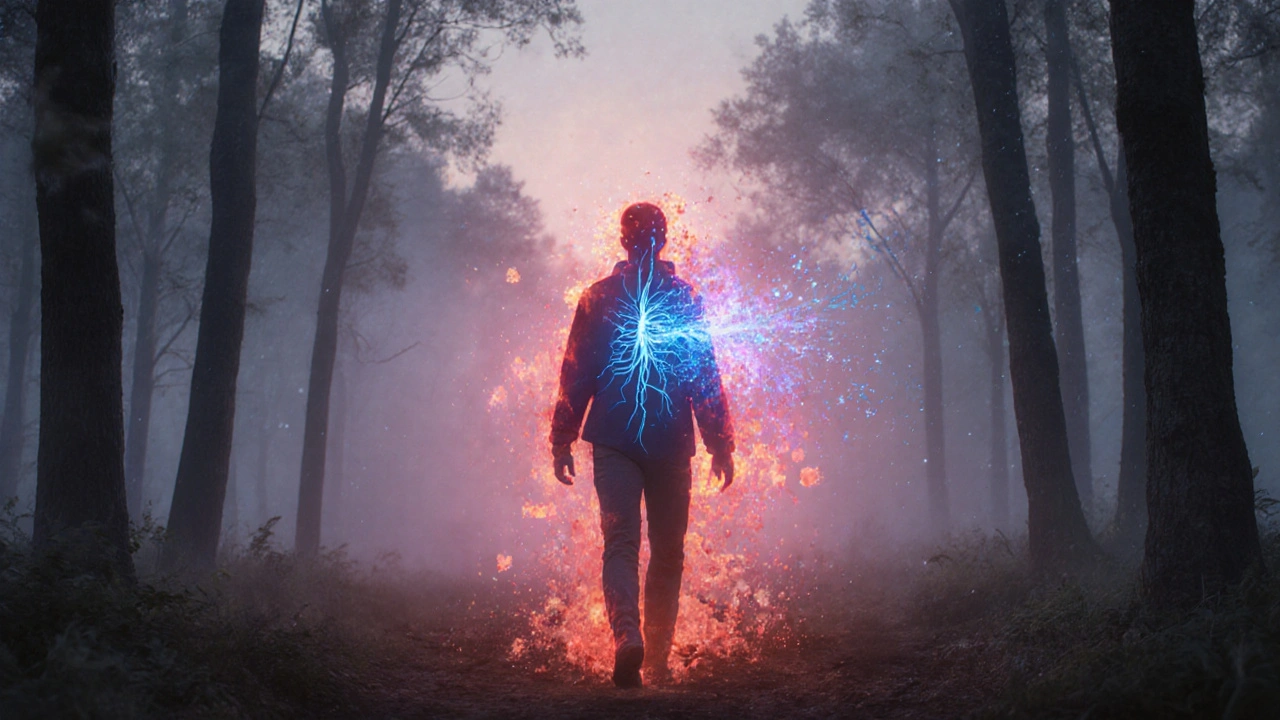 Osoba prochází lesem večer, kde se rozptýlí červená aura alergické reakce.