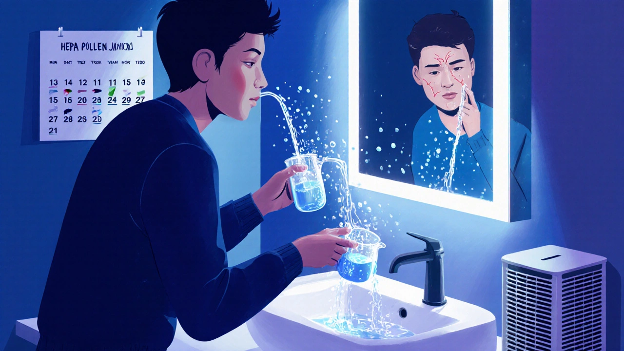 Osoba si myje nos solným roztokem ve koupelně, při tom se dívá do zrcadla.