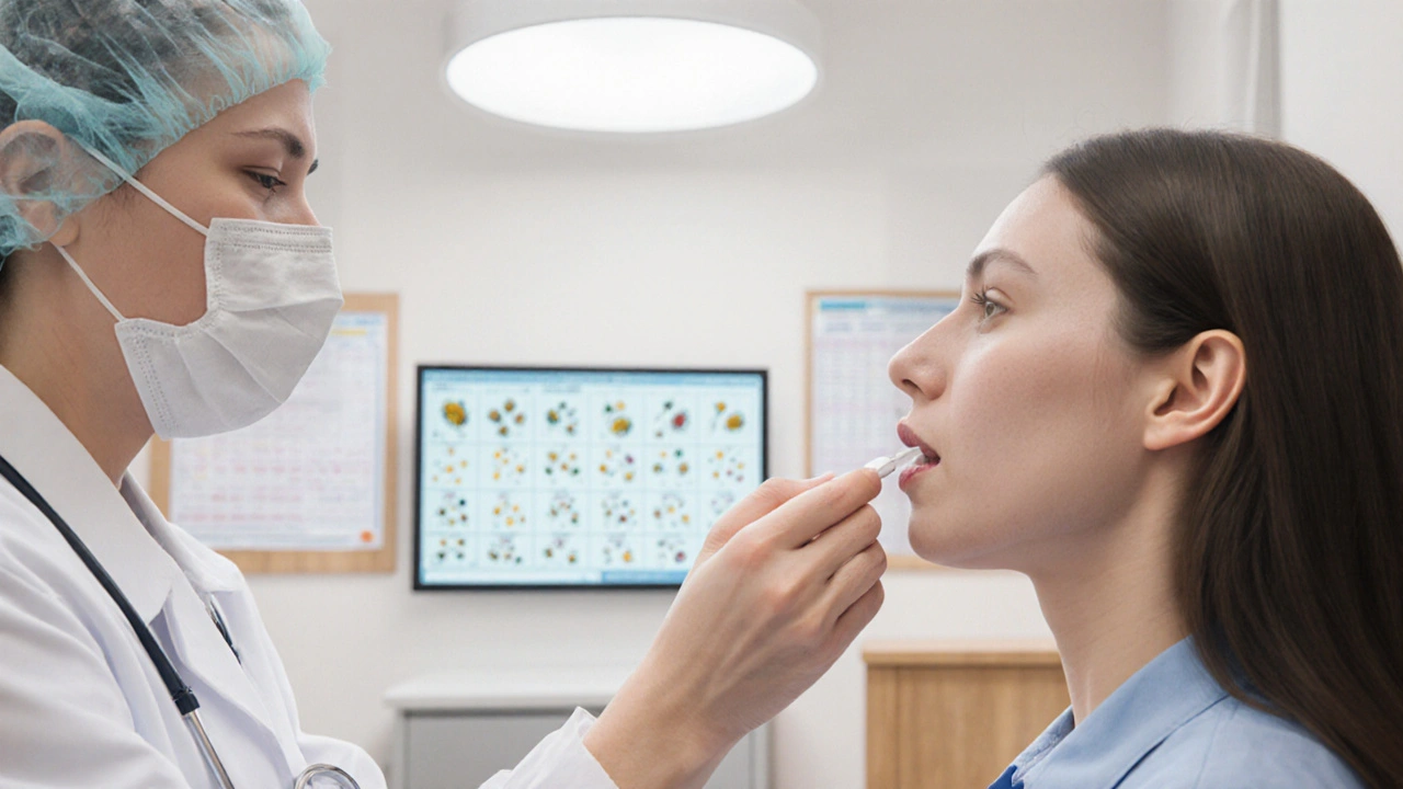 Pacient bere podjazykovou tabletu při léčbě alergie na pyl u lékaře.