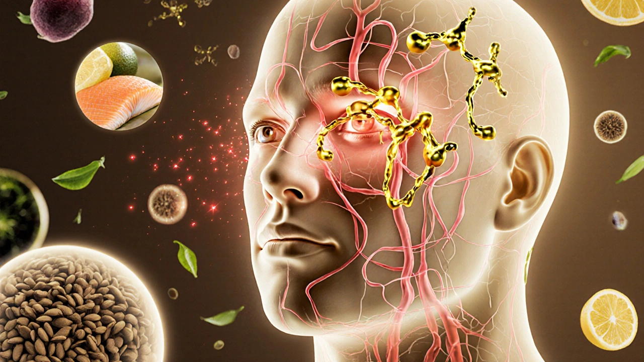 Průhledný lidský tělo s přírodními látkami quercetin a vitamín C uklidňujícími alergické reakce.