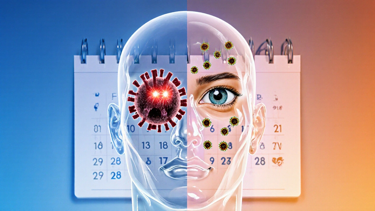 Průřez hlavou ukazující rozdíl mezi virovou rýmou a alergickou reakcí.