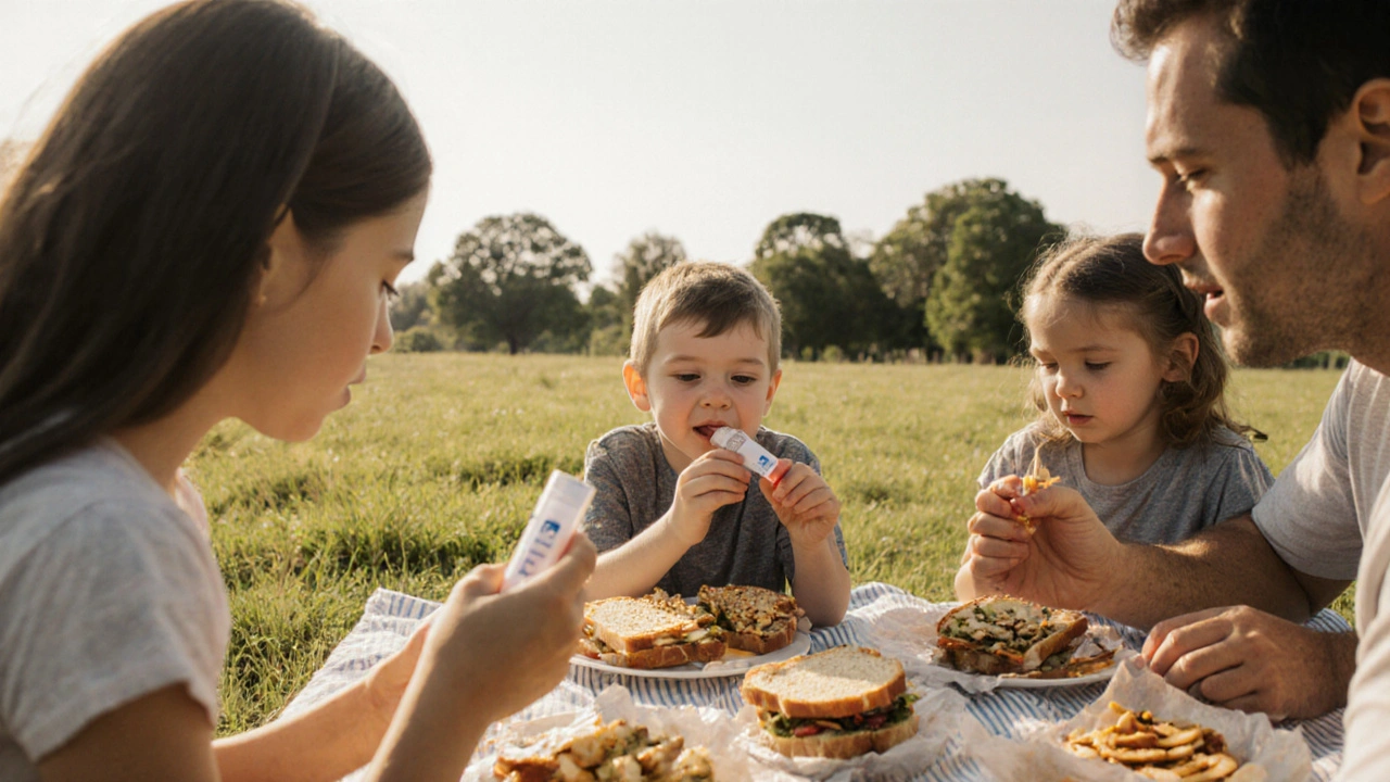 Rodina na pikniku, dítě drží EpiPen, rodič kontroluje složení jídla.