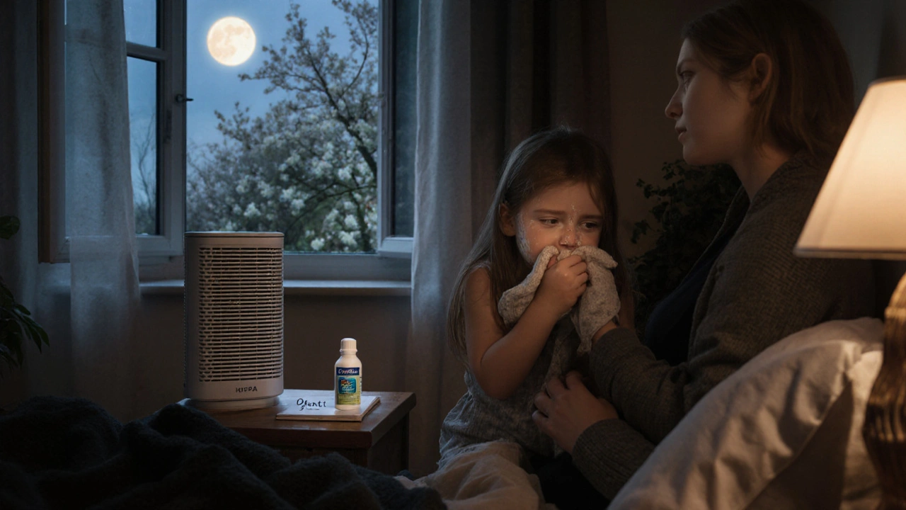 Rodina v domě večer, dítě si otírá obličej, HEPA filtr a Fenistil na nočním stolku.