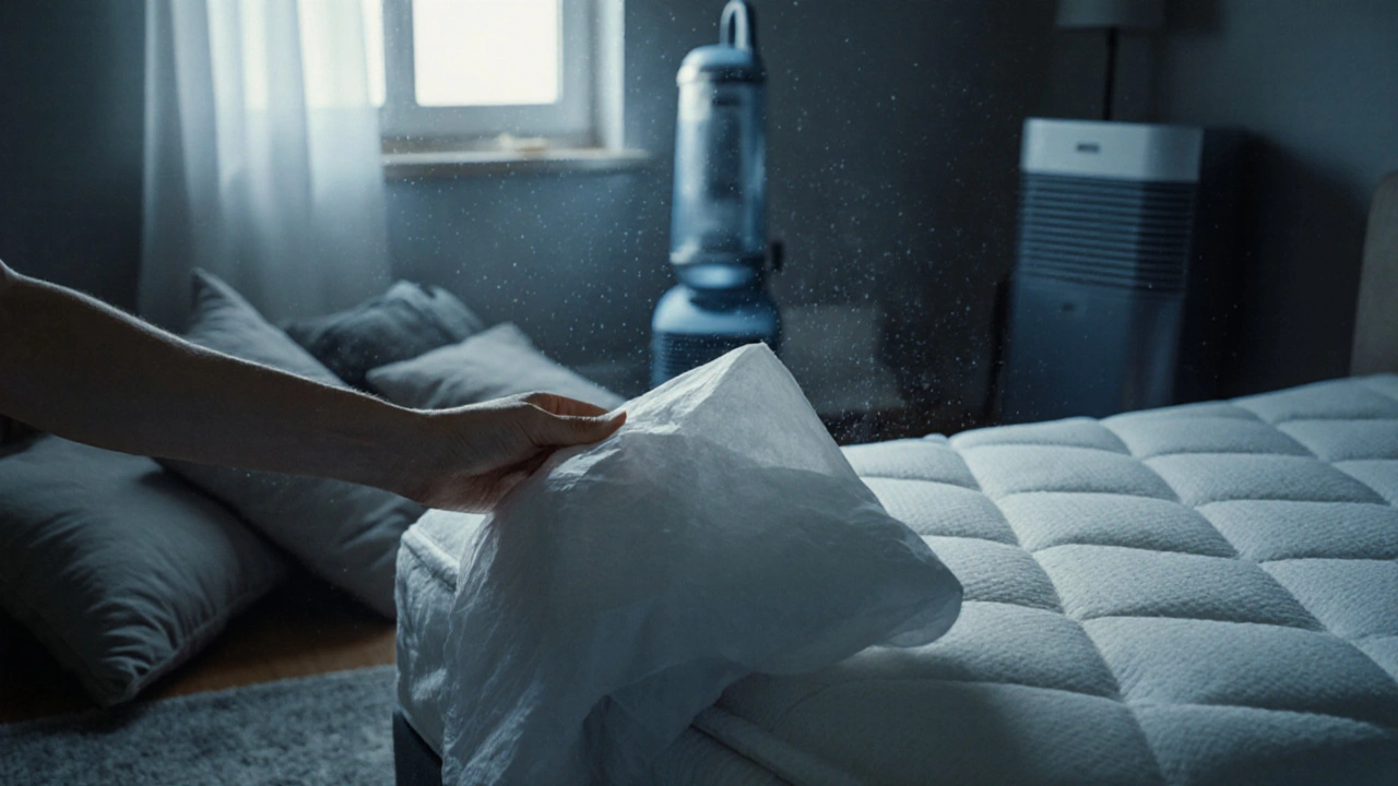 Ruka drží alergickou pokrývku vedle starých polštářů a koberců s dehumidifikátorem na pozadí