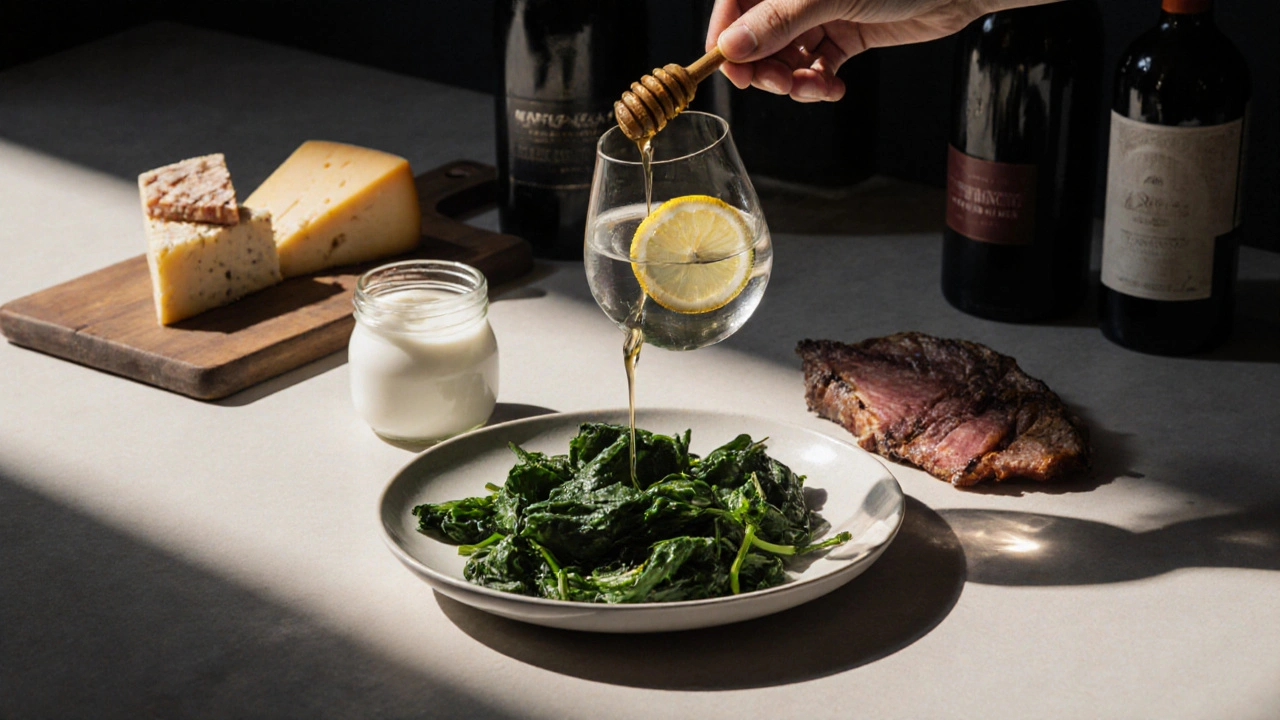 Sklenice vody s citrónem a medem vedle čerstvé zeleniny, zatímco staré sýry a víno zmizí v pozadí.