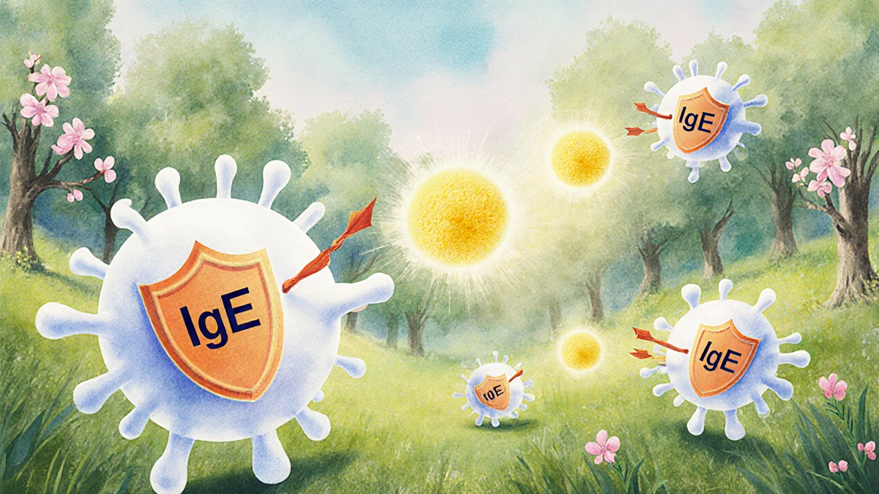 Surreální ilustrace imunitního systému útočícího na pyl jako na nepřítele.