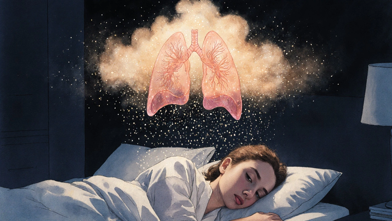 Surreální obraz alergenních částic z roztočů vznášejících se nad spícím člověkem